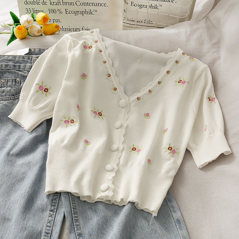 Retro søde broderede blomster strikket cardigan kvindelig v-hals kort slank slanketrøje