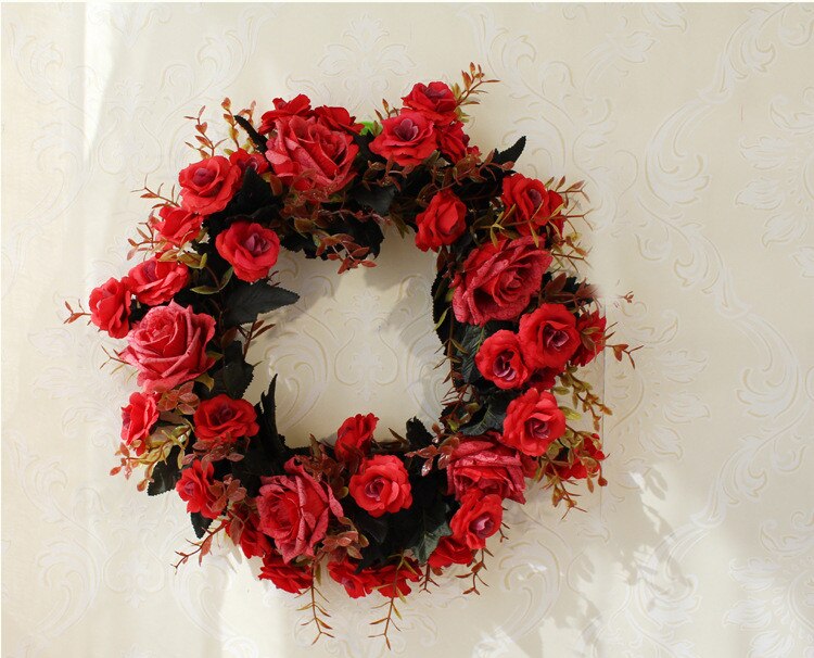 Kunstbloem Ronde krans rotan zijden bloem simulatie rose bloem plant wedding home muur deur decoratie party: red-35cm