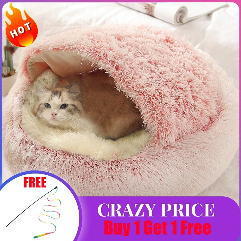 2 In 1 Round Cat Bed Cat Plush Cat Warm Bed House Soft Long Plush Bed For Small Dogs Cats Nest Cat Bed Sleeping Sofa: Pink / L 50 X 50cm