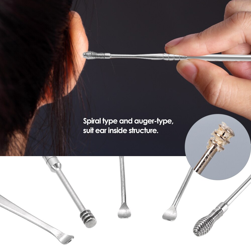 5 stks/set Rvs EarPick Kit Oor Wax Verwijderen Spiraal Oor Picks Curette Remover Cleaner Met Doos Voor Volwassen Oor care Tools