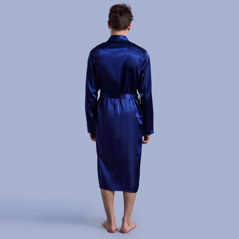 Marineblå badekåpe uformelt natttøy ночное платье pyjamas løs fritid herre nattøy rayon sateng kappe kjole fast kimono