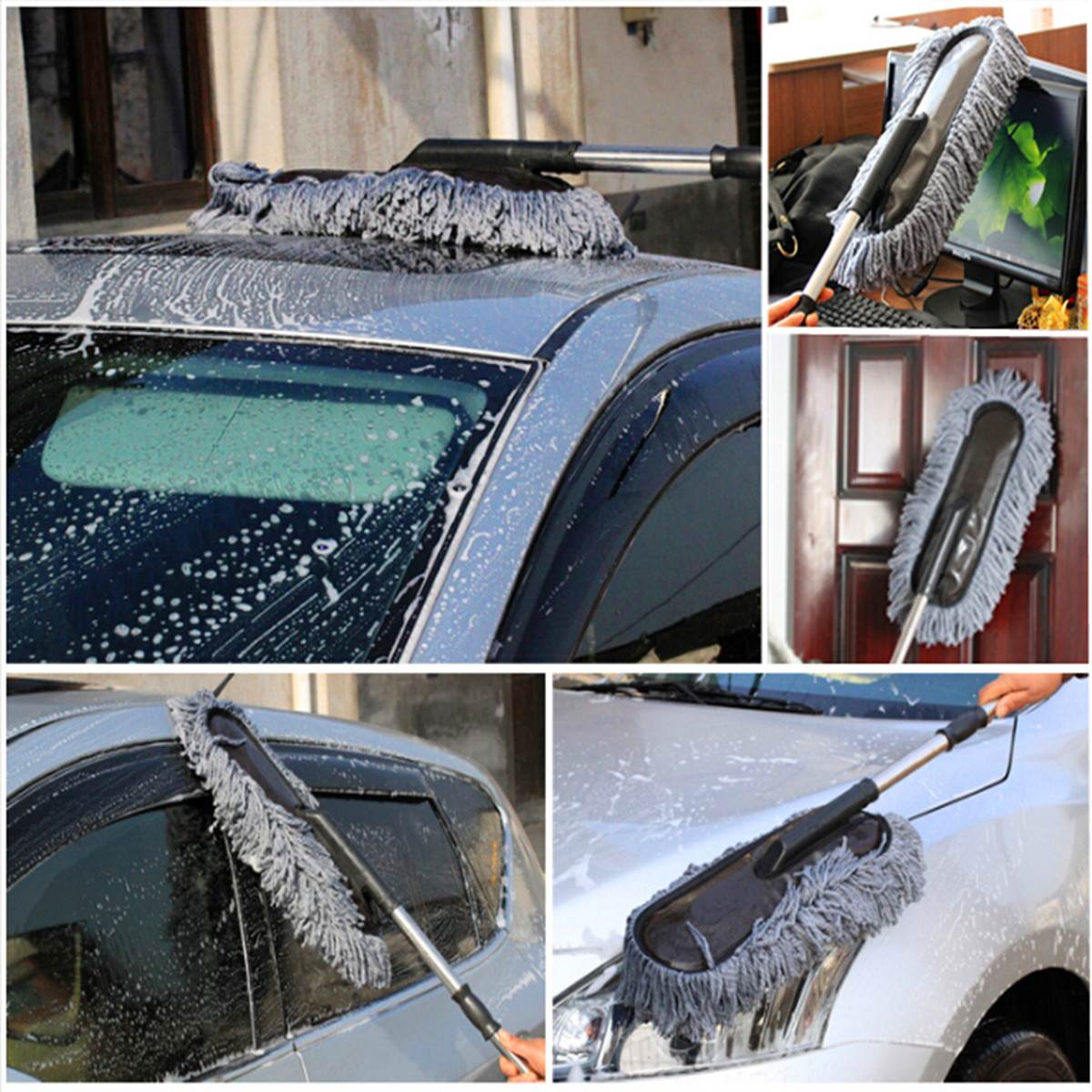 Praktisk biltvätt rengöring borste damm damm vax mopp mikrofiber teleskop damm verktyg