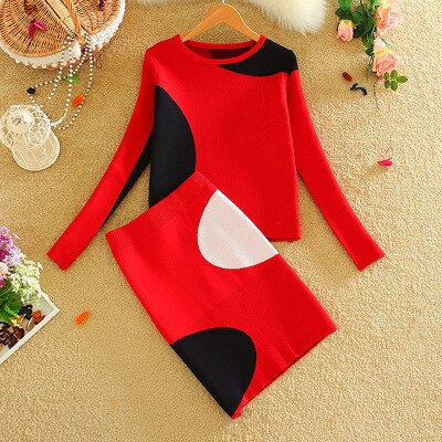 Spring Fall Women Knit Skirt Suits Geometric Pattern Women Sweater Top and One Step Knited Skirt Sets Red LY591: Red