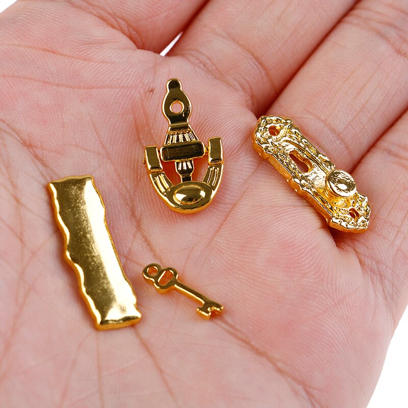1 Set 1:12 Miniature Golden Metal Door Knocker Lock Doorplate Set DIY Dollhouse Hardware Accessories Doll House Decoration