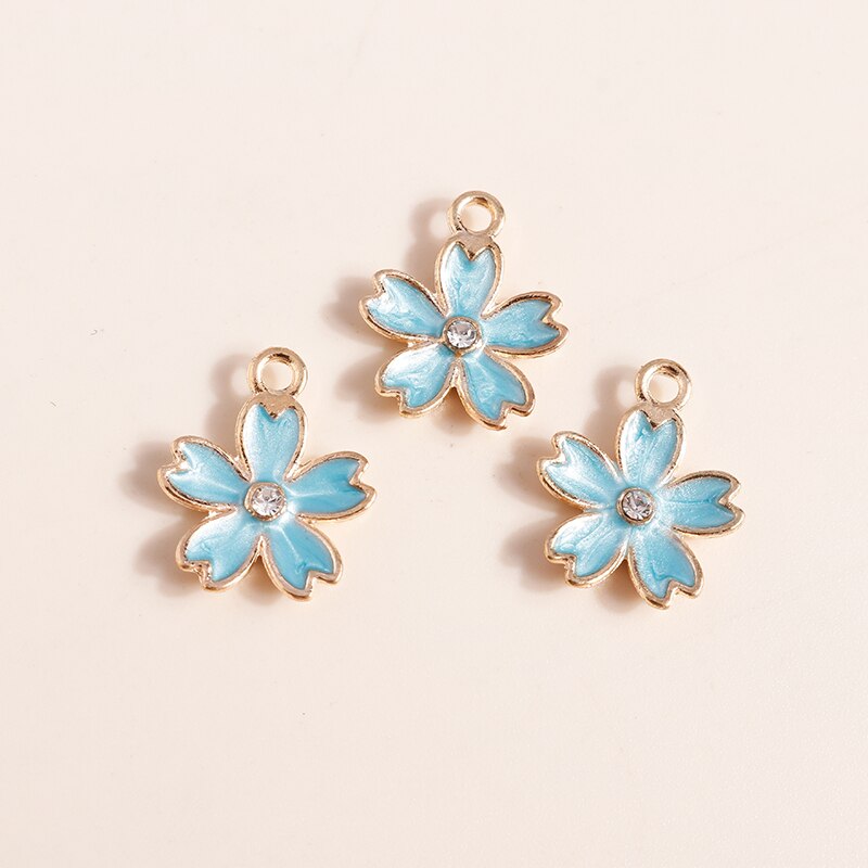 Dijes de flores de cristal rosa para fabricación de joyas, abalorios de plantas de aleación esmaltada para collar y pendientes, 10 piezas, 14x17mm: Color dorado
