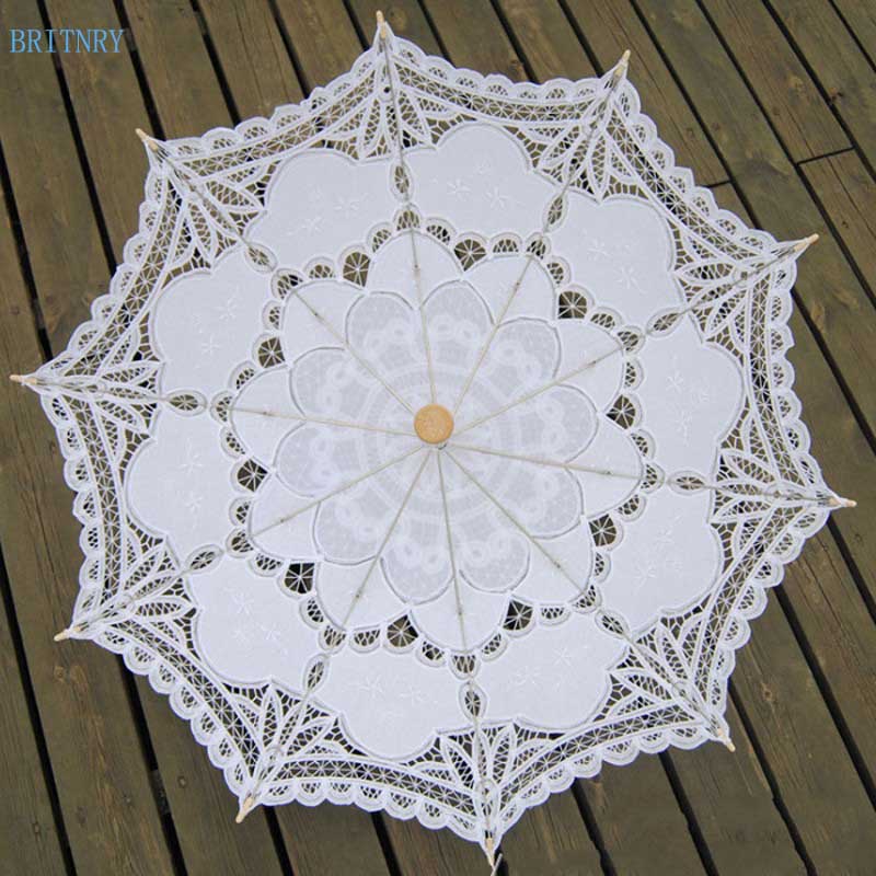 Britnry paraply bomuld broderi bryllup paraply blonder hvid parasol bryllup tilbehør