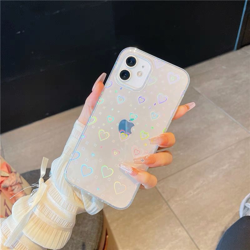 Holographic Heart Iphone Phone Case Clear Phone Case For 11 12 Pro Max X XS XR 7 8 Plus SE Shockproof Bumper