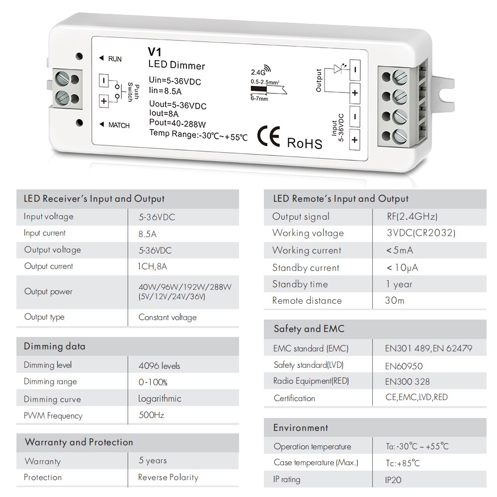 12v led lysdæmper pwm trådløs  rf 2.4g touch fjernbetjening 12v 5v 24v 36v 8a lysdæmper kontakt til enkelt farve led strip lys