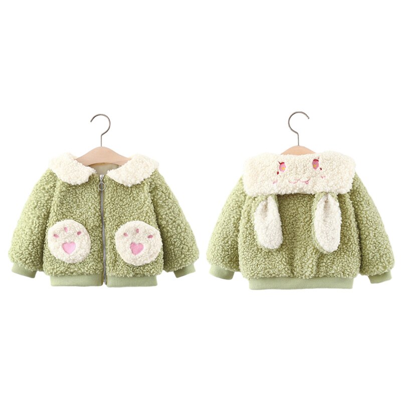 Kinderkleding Winter Baby Meisje Jas Katoen Konijnenoren Cartoon Lange Mouwen Revers Plus Pluizige Vest: green / 70CM