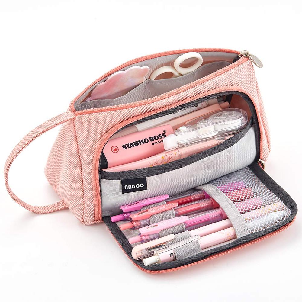 Solid Color Dark Grey Pencil Pouch Big Capacity Pen Bag Side Open Stationery Tools Case Make Up Bag Pencil Bag School Girl: pink