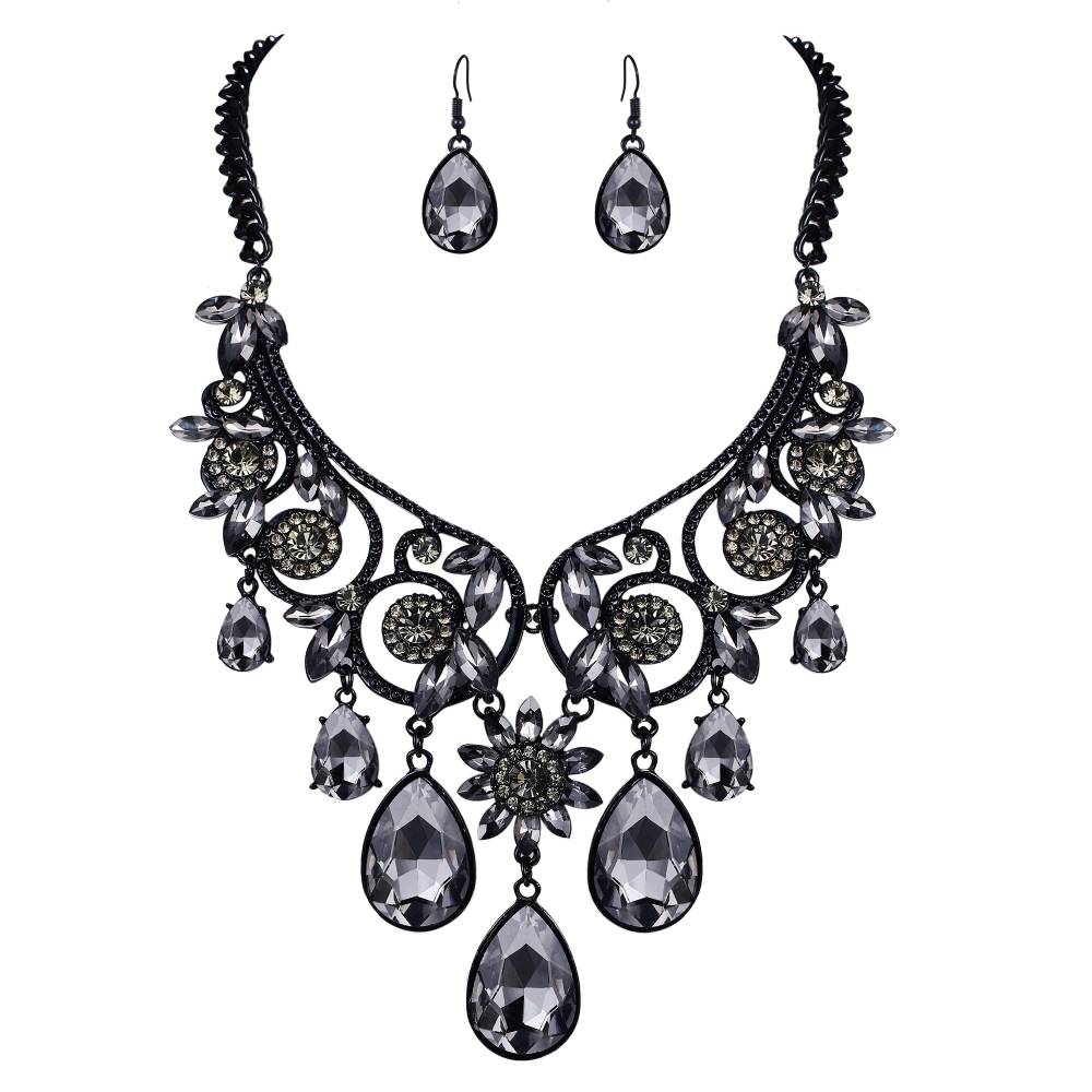 Ensemble de Bijoux de mariée en cristal, Collier de fleurs, boucles d&#39;oreilles, ras du cou, Bijoux Kpop, fête de mariage, Mangalsutra, à la: Grey