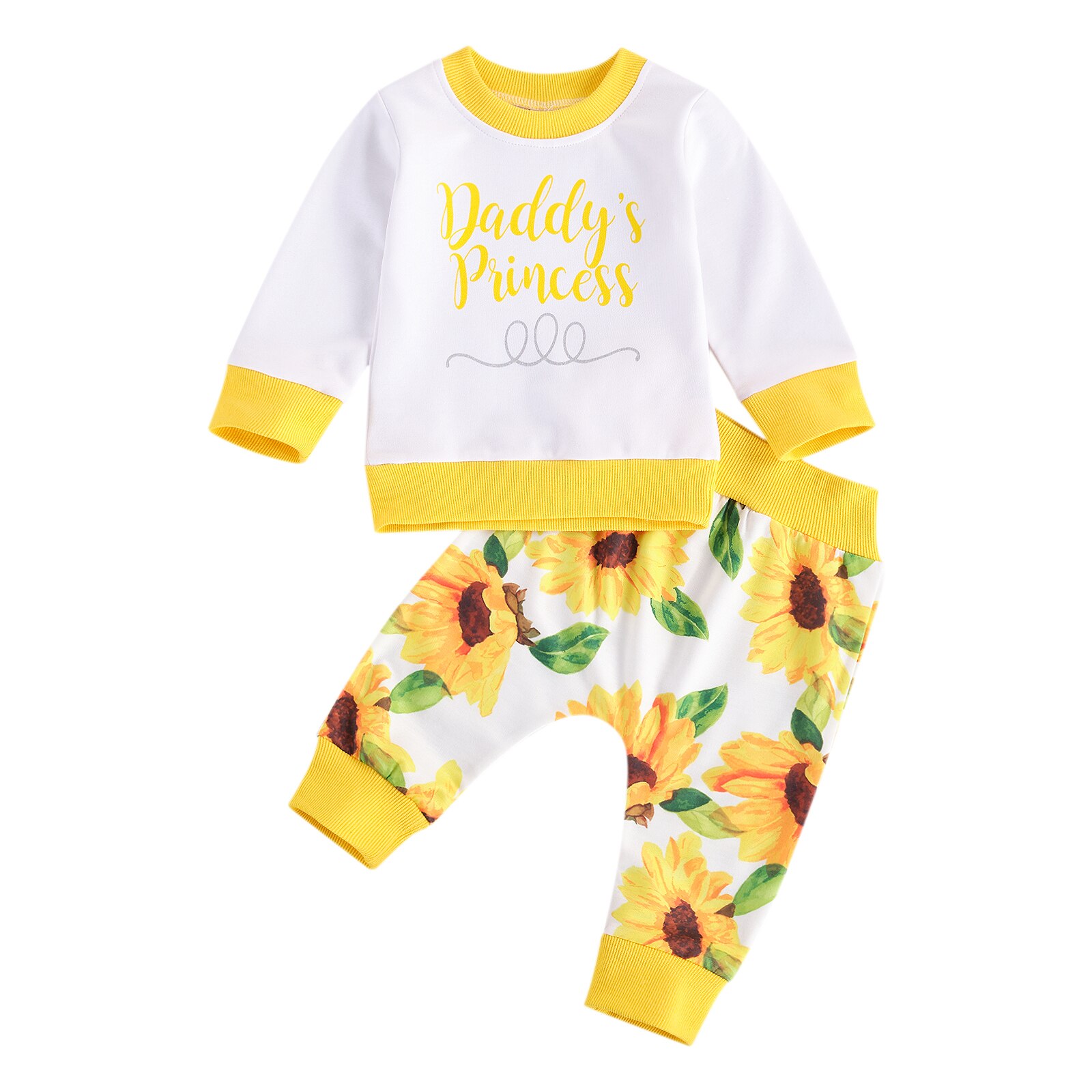 Meisje Tweedelige Set, Kinderen Kleuraanpassing Draad Gezoomd Shirt Crew Neck Top Zonnebloem Print Broek: 1 / 3M