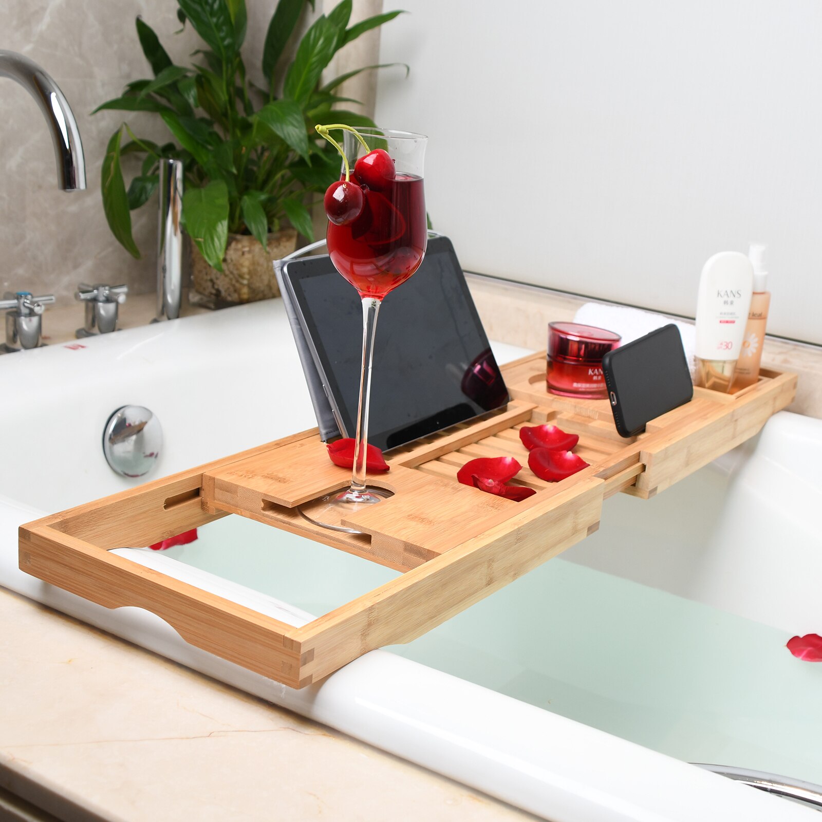 Bamboo Bathtub Caddy Tray (Extendable) Spa Organizer with Folding Sides