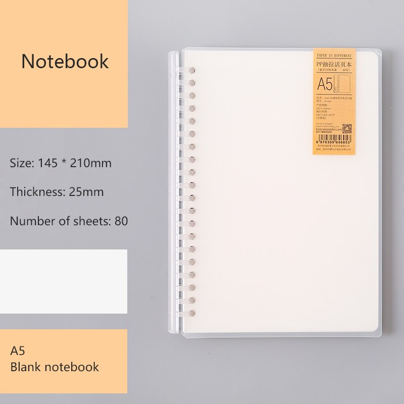 A5/ B5 créativité feuilles mobiles étudiant Pp cahier Transparent filles simples amovible bloc-notes journaux fournitures de papeterie scolaire: A5 Blank notebook