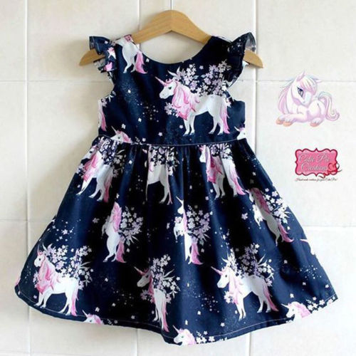 Vestido de verano con estampado de unicornio y mangas con volantes para niñas pequeñas