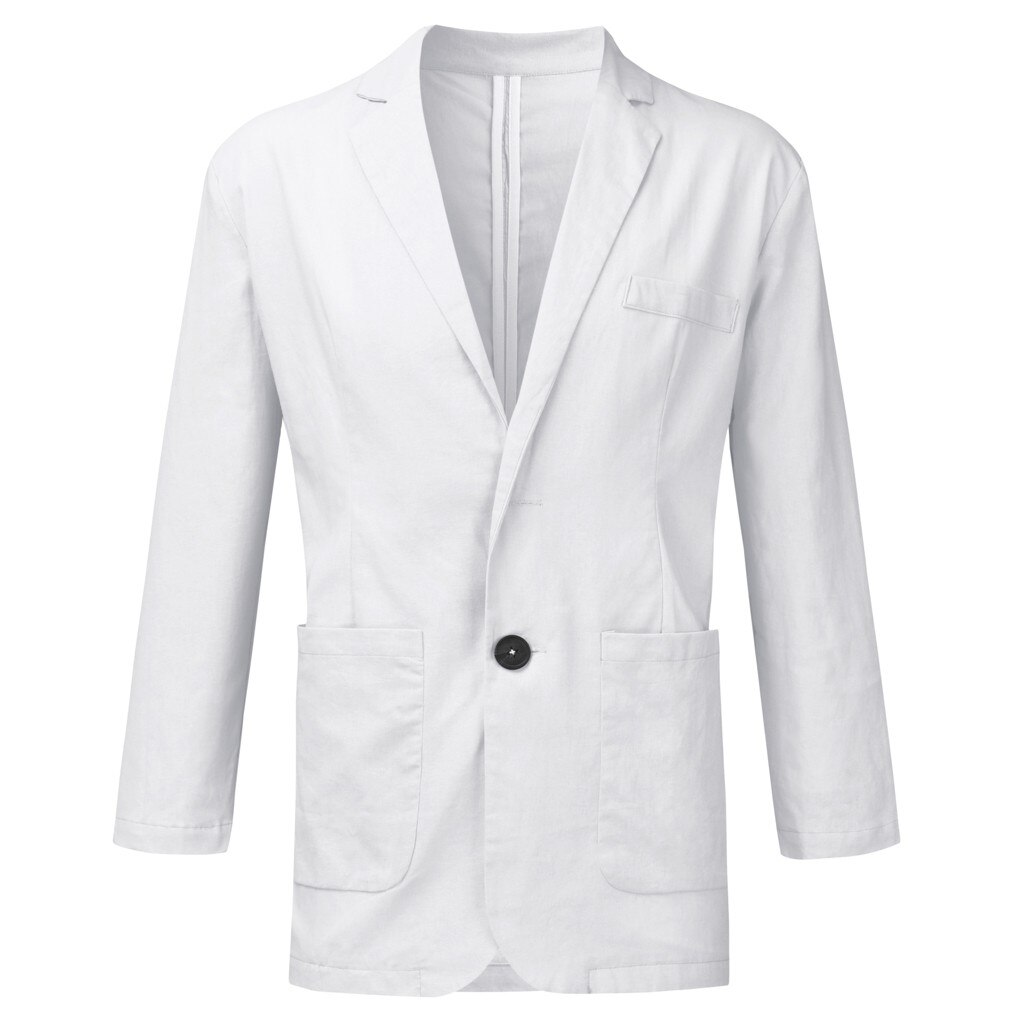 Blazer herredress slim fit linblanding lomme solid langermet dress blazer topper høst vinter yttertøy med knapper: Hvit / Xxl