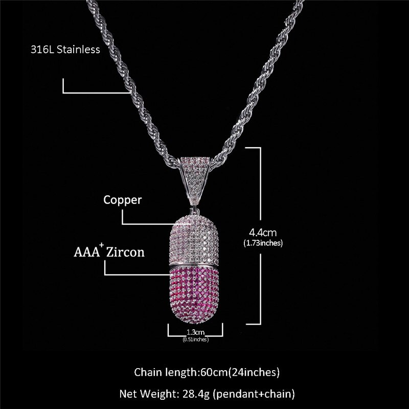Pieno Zircone Cubico penna Della Capsula Della Pillola Pendenti con Gemme E Perle Collana di anca salto Bling Ghiacciato Fuori Rame medaglione Rapper Gioielli Staccabile Regalo
