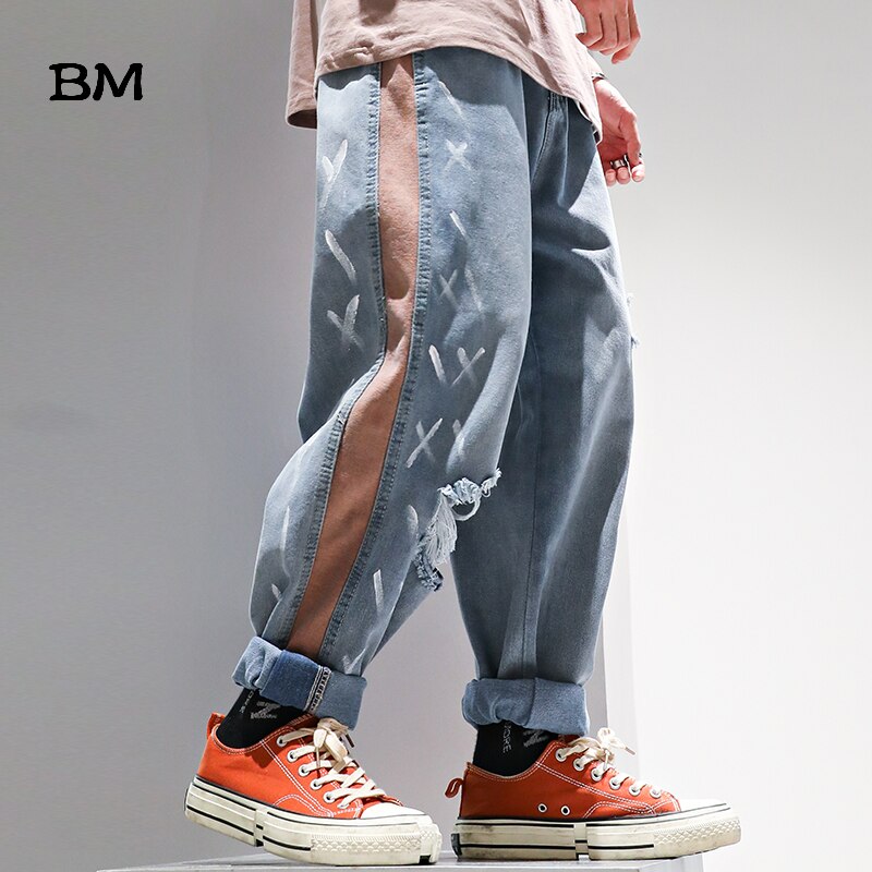 Hip hop graffiti ripped jeans stribede lige bukser uomo japansk streetwear kpop koreansk denim cargo bukser mænd