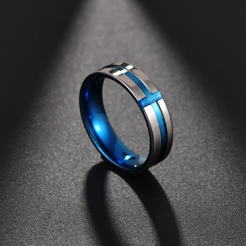 Blå linje kors rostfritt stål ringar för man bröllop varumärken rostfritt stål punk ring män smycken: 6