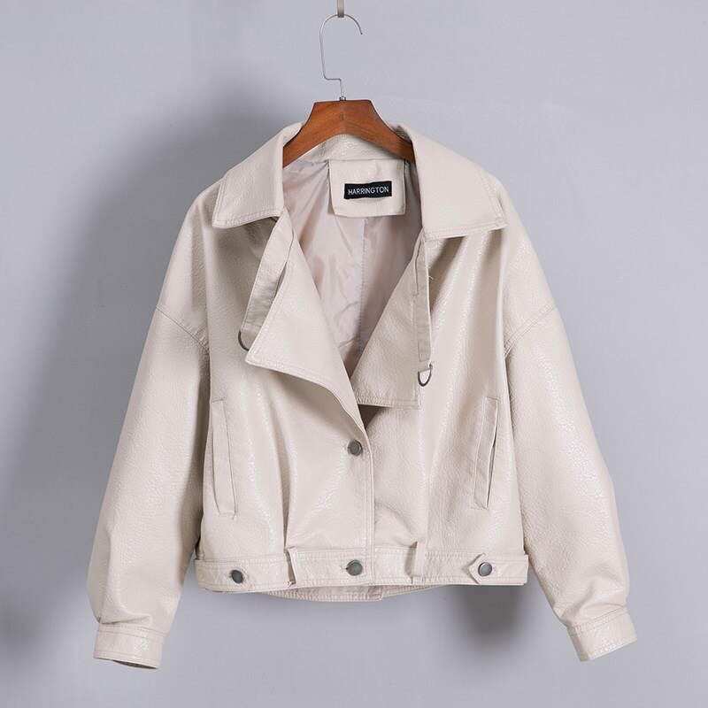 Imitatieleren jas dames omslagkraag casual pu leren jassen dames korte losse bikerjas bovenkleding: Beige / M