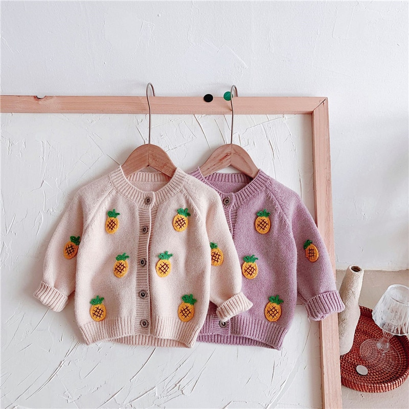 Efterårs vinter strik cardigan baby pige Koreansk stil Ananas broderi børn blød casual langærmet frakke