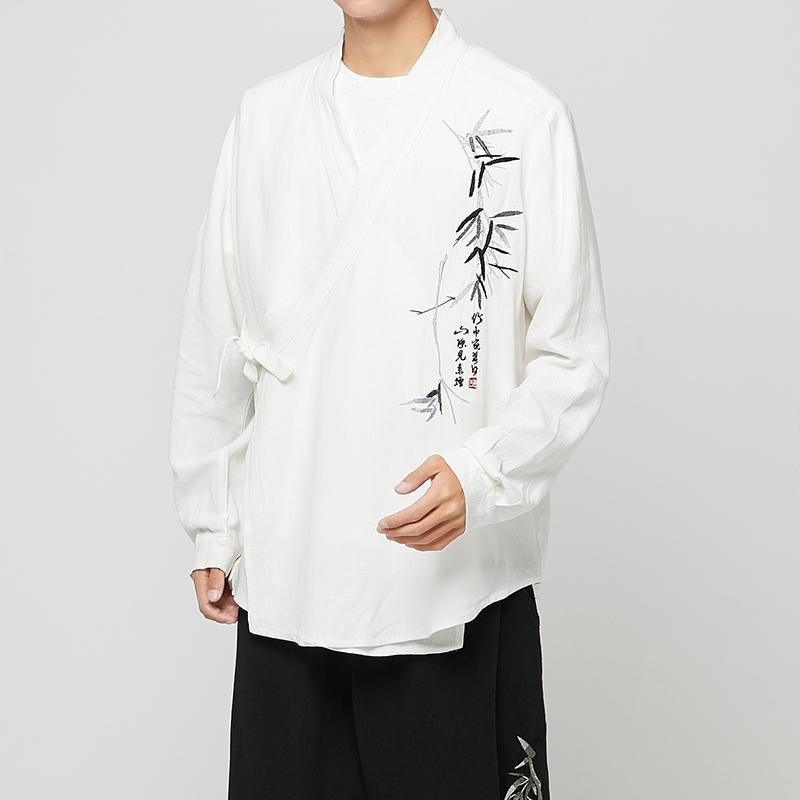 Chinese stijl plus size heren overhemd effen kleur retro hanfu lange mouwen bamboe borduurwerk vintage streetwear kraagloze herenoverhemden: Witte kimono shirts / Xl