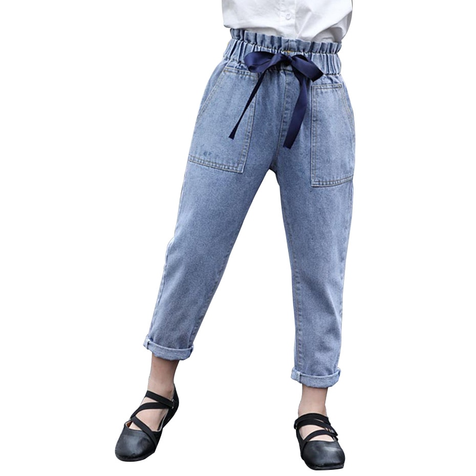 jeans jente høy vente jeans til jenter stor Bue jeans til låve solide klær til jenter 6 8 10 12 14
