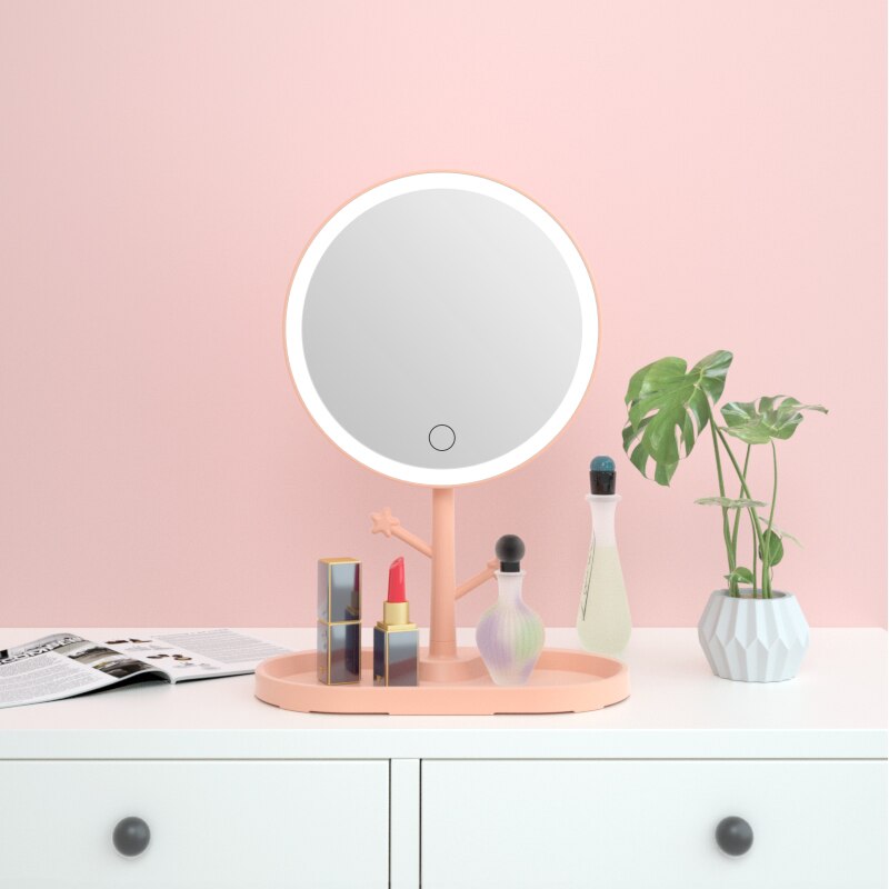 Miroir de maquillage à LED avec lampe de maquillage pour femme légère avec miroir rotatif de bureau de stockage miroirs cosmétiques de forme ronde