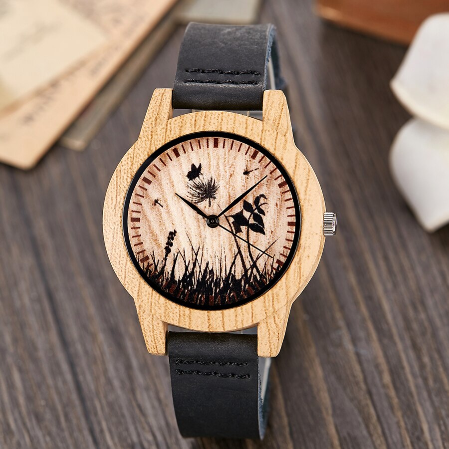 Montre-bracelet Imitation bois pour hommes et femmes, montre à Quartz, Imitation arbre de vie, bracelet en cuir souple: black women