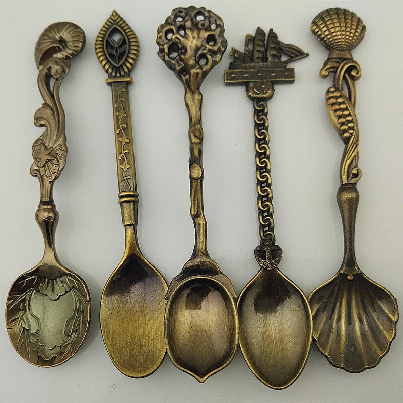 5 unids/set de cocina bar comedor estilo real clásico bronce tallado pequeña cuchara de café Mini cuchara de postre para aperitivos