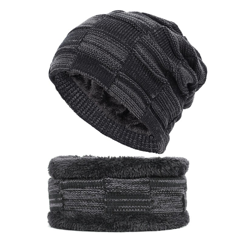 2- stykker vinter beanie hat tørklæde sæt varm strik hat vinter tyk fleece foret kranium cap tørklæde til mænd kvinder: B
