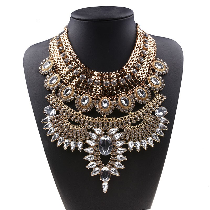 Indian Statement Big Chokers Necklace Women Crystal Large Collar Necklaces Female Big bib Necklace Boho Ethnic Costume Jewelry: Gold Color Clear