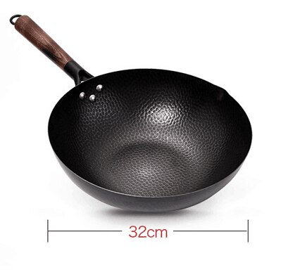 Handmade iron pot 32cm uncoated health wok non-stick pan gas stove induction cooker universal wood cover: a pot