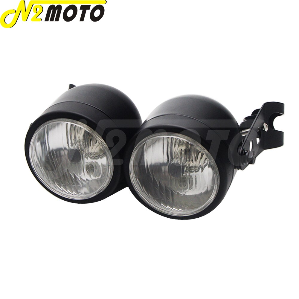 Chrome Amber Motorcycle Retro Twin Headlight Holder Fork Double Dual Head Lamp For Harley Dyna Bobber Chopper Cafe Racer Custom