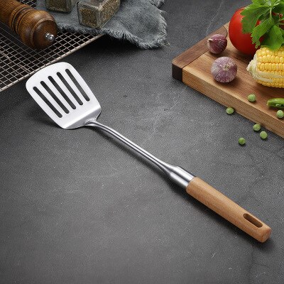 Espátula para utensilios de cocina, cuchara con colador, cucharas para sopa, pala ranurada, utensilios de cocina de acero inoxidable, batería de cocina mango de madera, cocina: Slotted Shovel