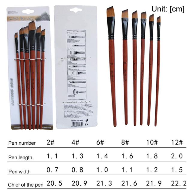 Kunst model maling nylon hår akryl olie akvarel tegning kunstforsyninger brun 6 stk maleri håndværk kunstner pensler sæt: Skrå top