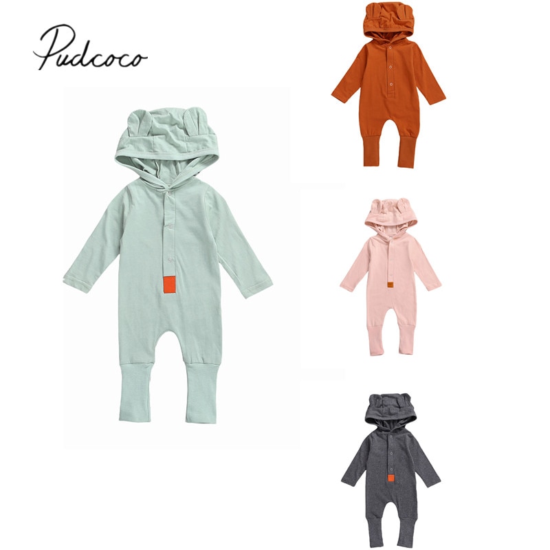 Baby Baby Meisje Jongen Lange Mouw Jumpsuit Herfst Mode Solide Single-Breasted Beer Oren Capuchon Romper Een Stuk Lange broek