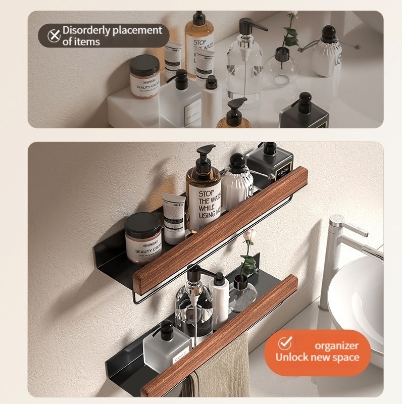 Estante esquinero de material de aluminio y madera, estante de almacenamiento para champú, estante de pared para ducha, organizador de baño, accesorios de baño