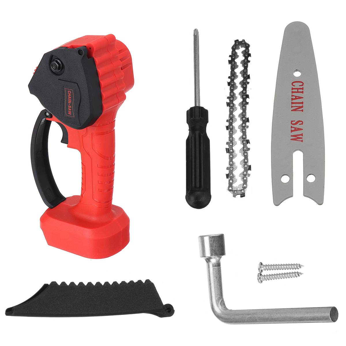Mini Electric Chain Saw Wood Cutting Lithium Battery Pruning Chainsaw Garden Tool Rechargeable Woodworking Tool: Red