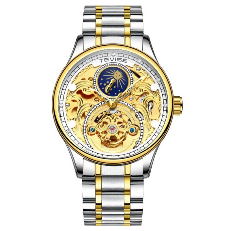 Montre TEVISE phase de lune tourbillon creux automatique mécanique en acier inoxydable poignet hommes montres main bracelet montre: Color 04