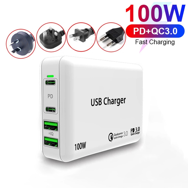 100W 4port Power Adapter PD100W/65W/45W/18W QC4.0/PPS Charger 5A E-MARK USB-C Cable For USB C Laptops MacBook Pro iPhone12/11