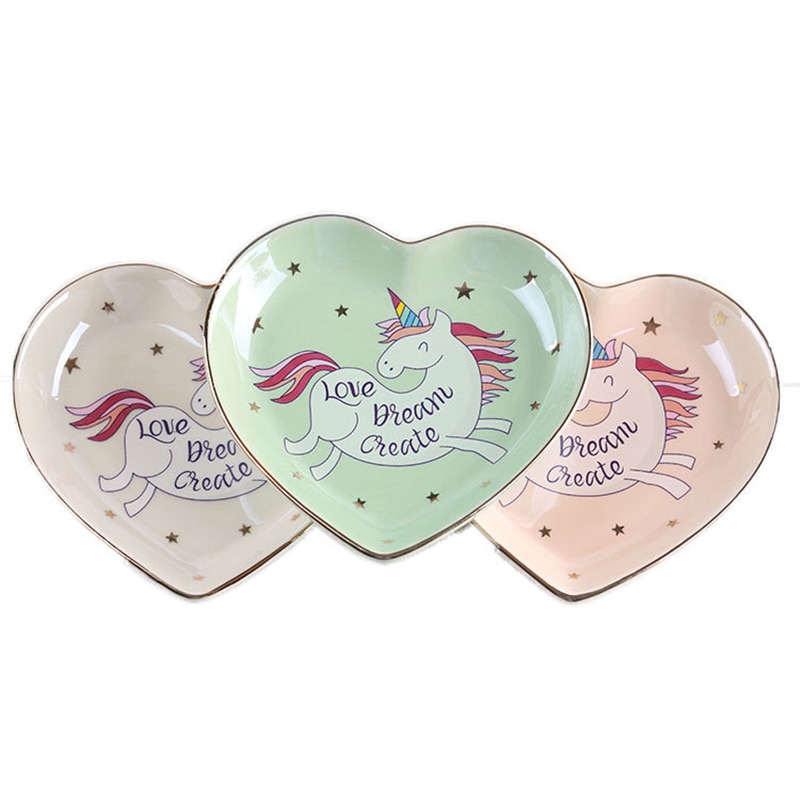 Unicórnio Dos Desenhos Animados Coração-em forma de taças de cerâmica placas de sorvete Decoração Artesanato Jóias prato Lanche prato Lanche bandeja de armazenamento de doces