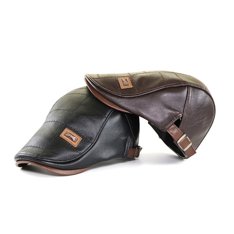 Gorros de cuero sintético para hombre, Boina a prueba de viento, plana, con correa lateral cálida, Boina Masculina