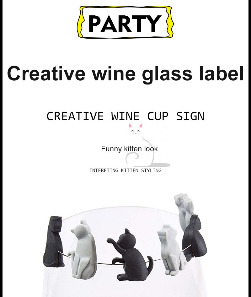 Marcador de silicona para copa de vino tinto de gatito, marcador de animales creativos, colgante para beber, etiquetas de identificación de vidrio, signos de etiqueta para