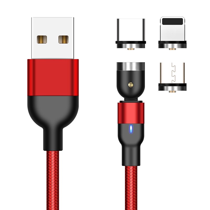 360+180 magnetisk mikro usb kabel för iphone samsung android magnet laddare usb typ c kabel mobiltelefon sladd tråd: 1m röda 3 pluggar