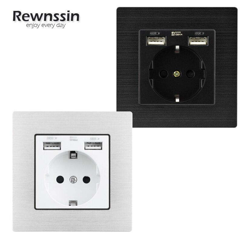 Usb Muur Plug Mobiele Telefoon Opladen Outlet Eu/Franse Stopcontact Met Dual Usb-Poorten Opladen Zwart Geborsteld Aluminium panel