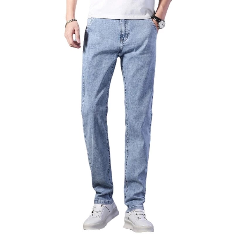 2022 Spring Summer Brand Fitted Straight Light Blue Thin Jeans Classic Zipper Pocket Men&#39;s Casual Lightweight Jeans