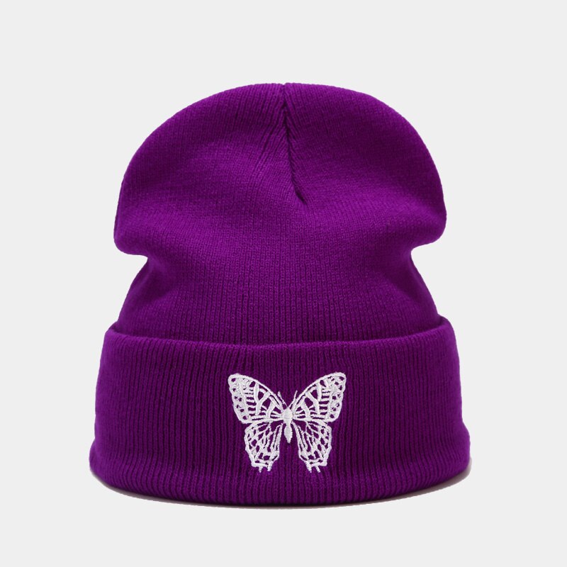 Strikkede beanies hat sommerfugl broderi vinter varm skihatte skullies hætter blød elastisk cap sport motorhjelm mænd kvinder: Lilla