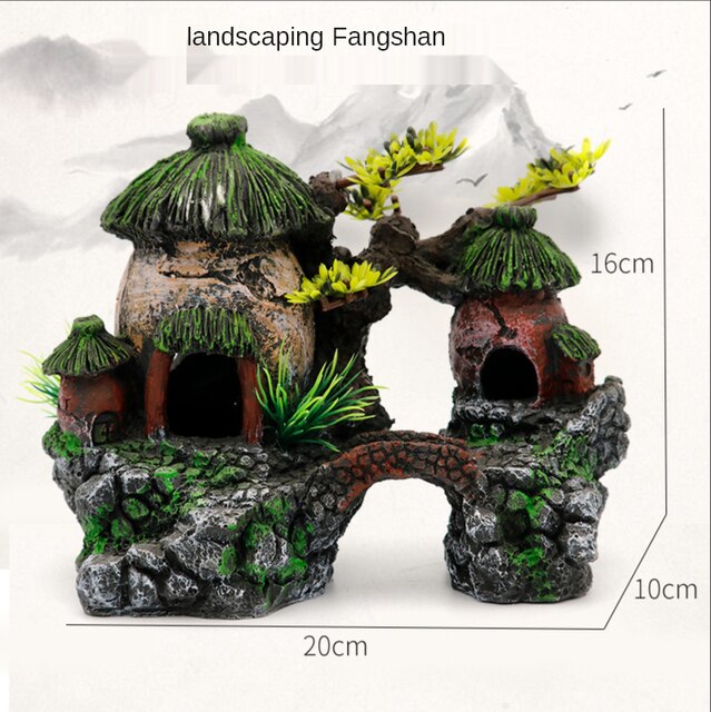 Fish Tank Landscaping Rockery Aquarium Decorative Landscaping Resin Retro Chinese Ornaments Style Jiangnan Hut Water Town: C