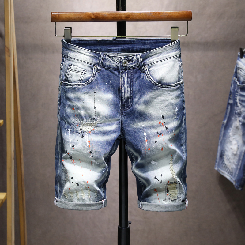 Calções de brim de hip hop para homens rasgado estiramento fino ajuste shorts 2022 verão nova pintura retalhos afligido calças corpado